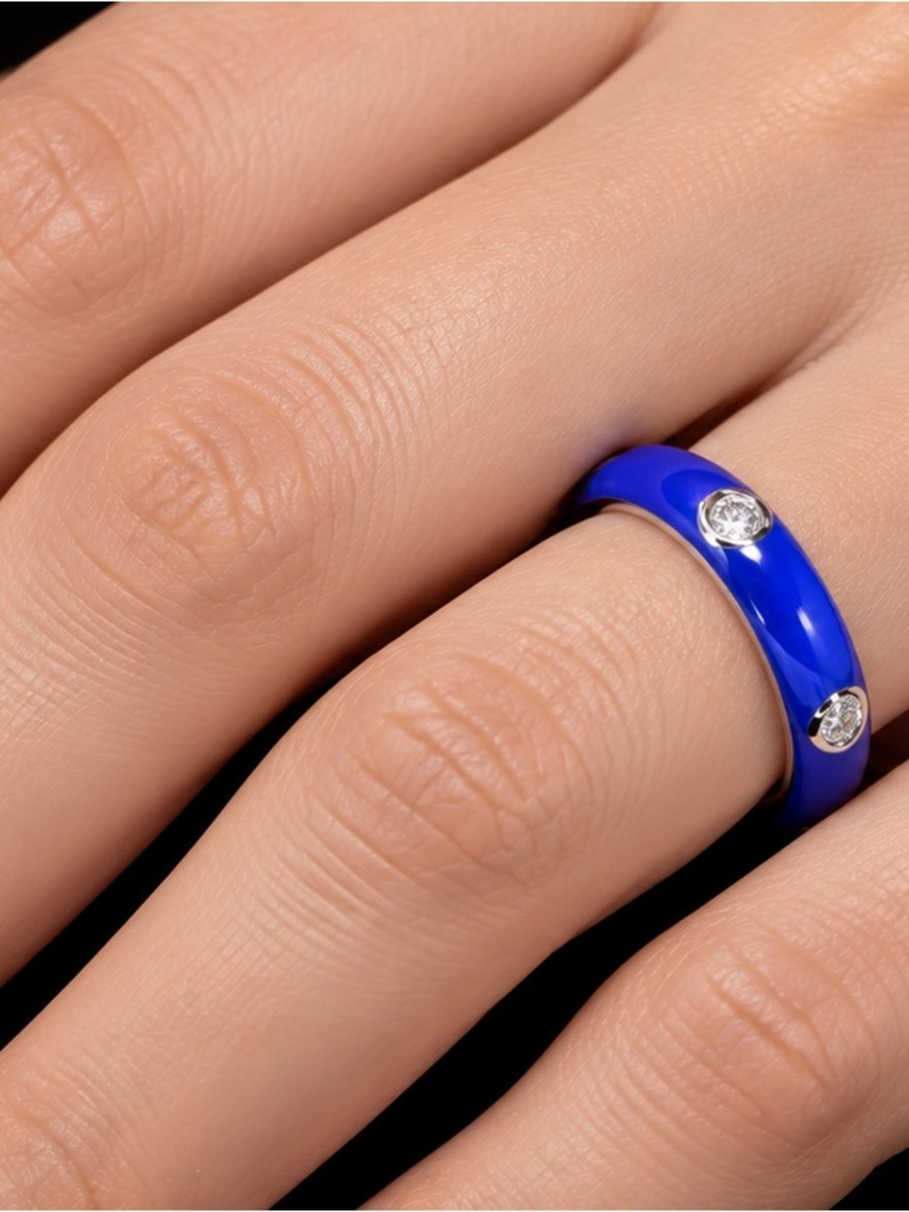 Royal Blue Enameled Band Ring with Crystal Accents Size 7